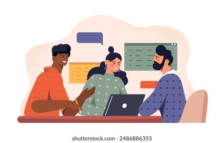 Office workers communicate. Men and woman with laptop discussing business project or task. Brainstorming and conversation, discussion. Organizing efficient workflow. Flat vector illustration