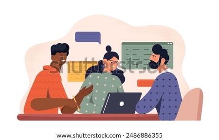 Office workers communicate. Men and woman with laptop discussing business project or task. Brainstorming and conversation, discussion. Organizing efficient workflow. Flat vector illustration