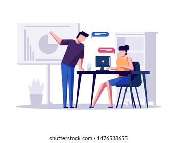 Office workers are communicating about analyzing data. Modern flat vector illustration. Isolated on white background.