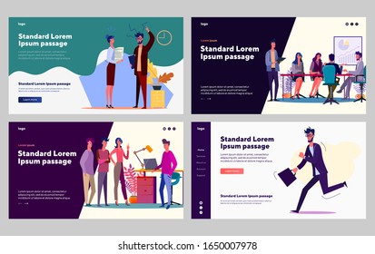 Office workers communication set. Employees arguing, discussing project. Flat vector illustrations. Business, brainstorming, time management concept for banner, website design or landing web page