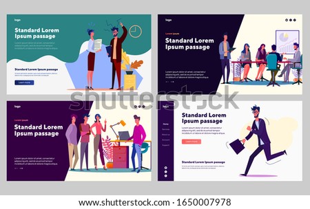 Office workers communication set. Employees arguing, discussing project. Flat vector illustrations. Business, brainstorming, time management concept for banner, website design or landing web page