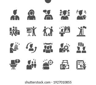 Office Workers. Communication and work. Group leader, job target, work team. Business, manager, finance, professional, success and deadline. Vector Solid Icons. Simple Pictogram