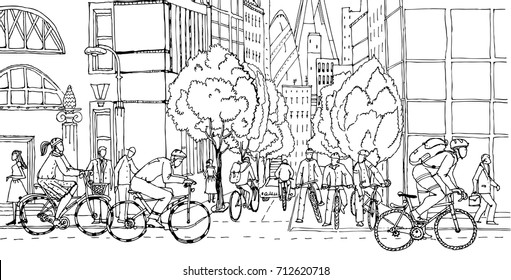 Office workers commute to the City centre by bikes. Cyclists on the City roads. Healthy life concept illustration.