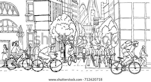 Office workers\
commute to the City centre by bikes. Cyclists on the City roads.\
Healthy life concept\
illustration.