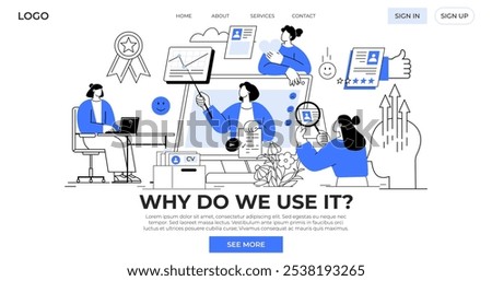 Office workers at computers, charts, and checklists with success icons like medals and thumb-up signs improve productivity. Ideal for team collaboration, project management, success tracking, user
