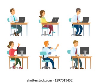 Office workers at computers and laptops, businessmen and businesswomen vector. Clerks and secretaries, managers or programmers isolated characters