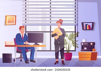 Office workers concept in flat cartoon design. Man works at computer, woman holds documents. Employees team communicate and discuss working tasks. Vector illustration with people scene background