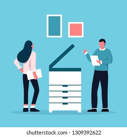 Office workers concept vector illustration. Office life, business situations, interior and equipment. Flat style design. Young workers have conversation near the office printer.