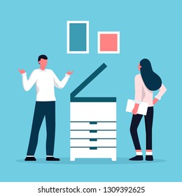 Office workers concept vector illustration. Office life, business situations, interior and equipment. Flat style design. Young workers have conversation near the office printer.
