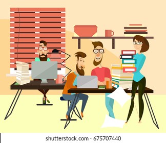 Office workers concept vector illustration. Coworking team. Men sitting at desks and using laptops, woman holding pile of folders with documents, office interior with office equipment and supplies.