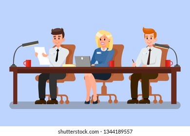 Office Workers at Conference Vector Illustration. Colleagues Cooperating. Busy People during Workday. Characters Using Laptop, Reading Documents. Seminar, Meeting. HR Managers on Job Interview