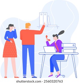 Office workers cooperating, manager giving instructions to secretary and another employee making a phone call, business team working together