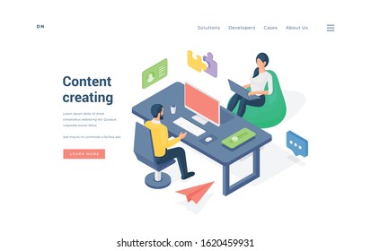 Office workers creating content together. Isometric man sitting at table and using computer near woman on bean bag browsing laptop while creating content on website banner vector illustration