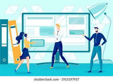 Office Workers Creating Unique Content for Site. Seo Optimization, Responsive User Interface Development, Web Design Creation. Huge Computer Monitor and Tiny People. Flat Vector Cartoon Illustration