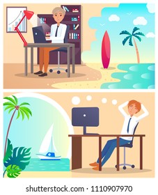 Office workers daydream about vacation abroad set. Employees sit at desk with computers and plan to travel on tropical island vector illustration.