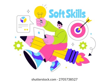 Office Workers Demonstrating Soft Skills Vector Illustration Such as Empathy, Communication, Idea Development, Teamwork, and Professional Growth