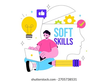 Office Workers Demonstrating Soft Skills Vector Illustration Such as Empathy, Communication, Idea Development, Teamwork, and Professional Growth
