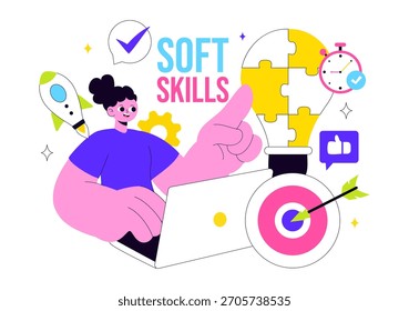 Office Workers Demonstrating Soft Skills Vector Illustration Such as Empathy, Communication, Idea Development, Teamwork, and Professional Growth