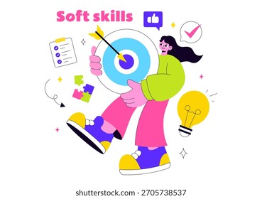 Office Workers Demonstrating Soft Skills Vector Illustration Such as Empathy, Communication, Idea Development, Teamwork, and Professional Growth