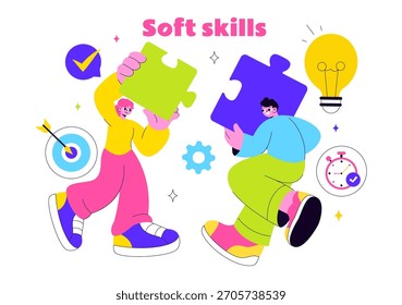 Office Workers Demonstrating Soft Skills Vector Illustration Such as Empathy, Communication, Idea Development, Teamwork, and Professional Growth