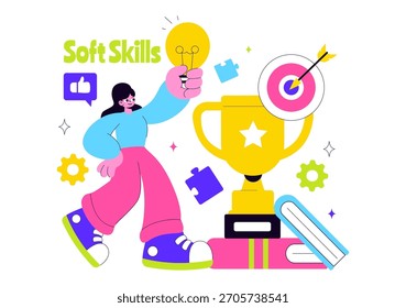 Office Workers Demonstrating Soft Skills Vector Illustration Such as Empathy, Communication, Idea Development, Teamwork, and Professional Growth