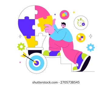 Trabalhadores de escritório demonstrando ilustração vetorial de habilidades leves, como empatia, comunicação, desenvolvimento de ideias, trabalho em equipe e crescimento profissional