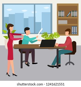 Office workers design concept set with business meeting. Vector Illustration