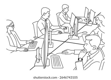 Office Workers at Desk with Computers Line Art Vector