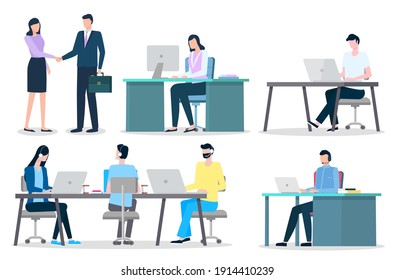 Office workers at desktops, annual report typing, men and women vector. Statistics and analytics, characters dealing, laptop or computer. Online business or customers support agents illustration