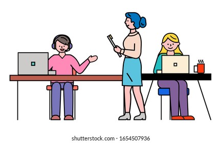 Office workers at desktops and team leader, man in headset and women vector. Statistics and analytics, characters in headsets with laptop. Online business or customers support agents illustration