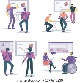 Office workers discuss company development plan. Set of vector illustration in modern flat style. Business and work related illustrations.