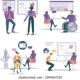 Office workers discuss company development plan. Set of vector illustration in modern flat style. Business and work related illustrations.