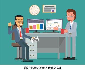 office workers discuss infographics on the screen. Vector illustration, a flat style design.