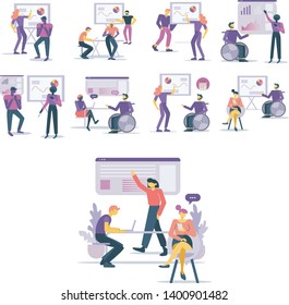 Office workers discuss their work results. Set of vector illustration in modern flat style. Business and work related illustrations.