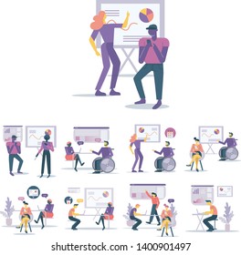 Office workers discuss their work results. Set of vector illustration in modern flat style. Business and work related illustrations.