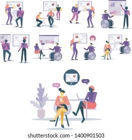 Office workers discuss their work results. Set of vector illustration in modern flat style. Business and work related illustrations.