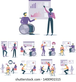 Office workers discuss their work results. Set of vector illustration in modern flat style. Business and work related illustrations.