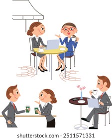 Office workers discussing business while having tea at various cafes