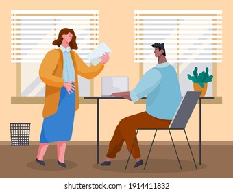 Office workers discussing document. Business people dressed in casual clothes in office interior with laptops talking. Business meeting and consideration of working issues. Friendly team work