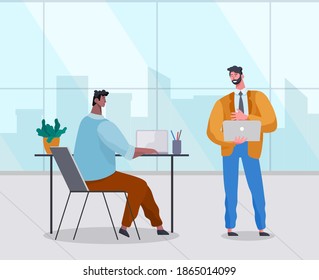 Office workers discussing matters. Businessmen dressed in formal clothes in the modern office interior with laptops talking. Business meeting and consideration of working issues. Friendly team work