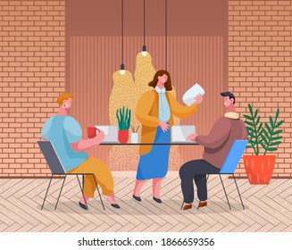 Office workers discussing matters. Businessmen dressed in formal clothes in the modern office interior with laptops talking. Business meeting and consideration of working issues. Friendly team work