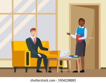 Office workers discussing matters. Businessmen dressed in formal clothes with laptop talking. Business meeting and consideration of working issues at workspace. Woman talking to a man colleague