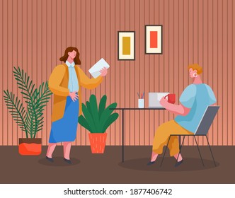 Office workers discussing matters. Businesswomen dressed in formal clothes in the modern office interior with laptops talking. Business meeting and consideration of working issues. Friendly team work
