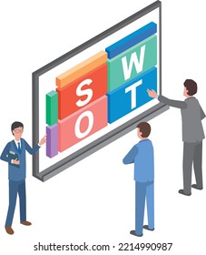 Trabajadores de oficina analizando el análisis SWOT del marco