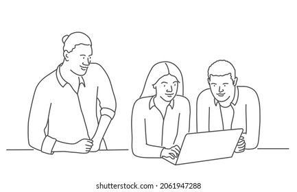 Diskussion der Büroangestellten am Tisch, Konferenz-Sitzung. Handgezeichnete Vektorgrafik. Schwarz-Weiß.