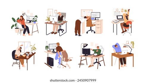 Office workers do yoga exercises at computer desks set. People with sedentary work stretch at break. Employees do home workout at workplace. Flat isolated vector illustration on white background