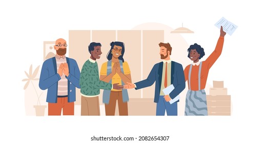 Office workers with documents or paperwork cheering and applauding. Vector promotion of employee or successful project completion. Business development and improvement of company relationship