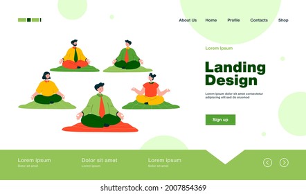 Office workers doing yoga in lotus pose. Flat vector illustration. Group of business people characters making mindfulness practice, spiritual meditation. Relax, office break, business, health concept