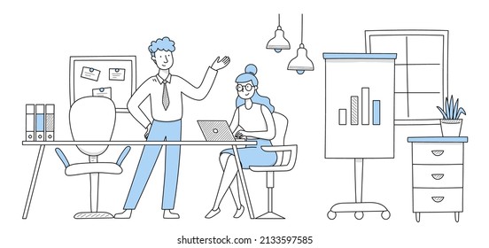 Office Workers Doodle Concept With Businessman And Businesswoman Communicate At Workplace Interior. Colleagues Chatting At Desk With Laptop, Whiteboard And Memory Board, Line Art Vector Illustration