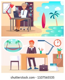 Office workers dream about vacation on island. Men at desk do their job and plan summer travel in hot country cartoon flat vector illustrations set.